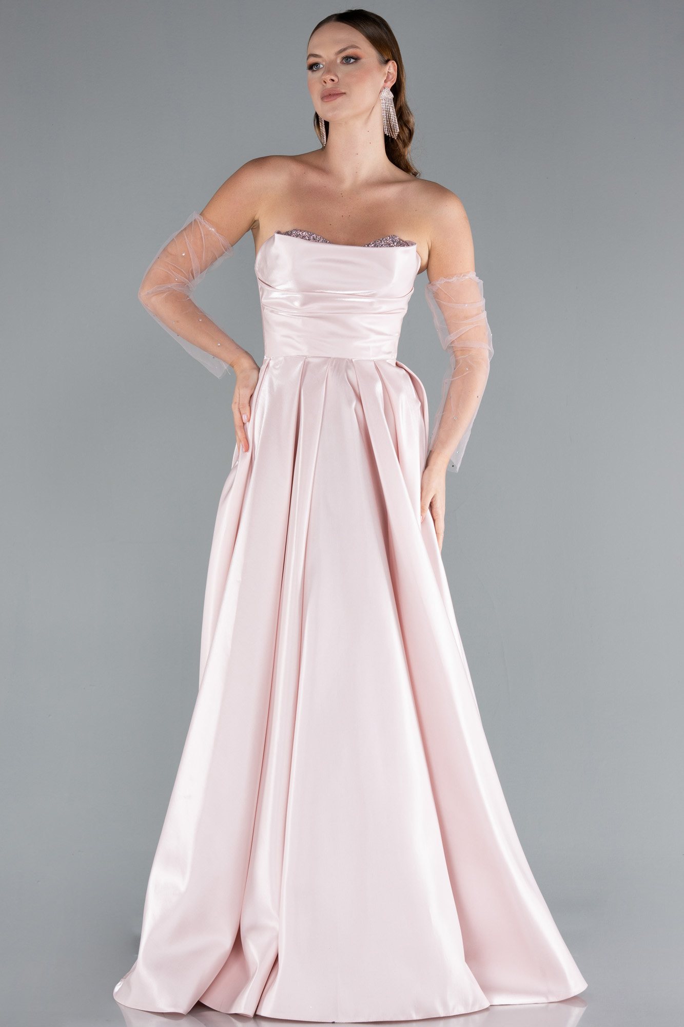 Pudra Taşlı Straplez Kol Aksesuarlı Uzun Tafta Abiye ABU4846 - Görsel 2