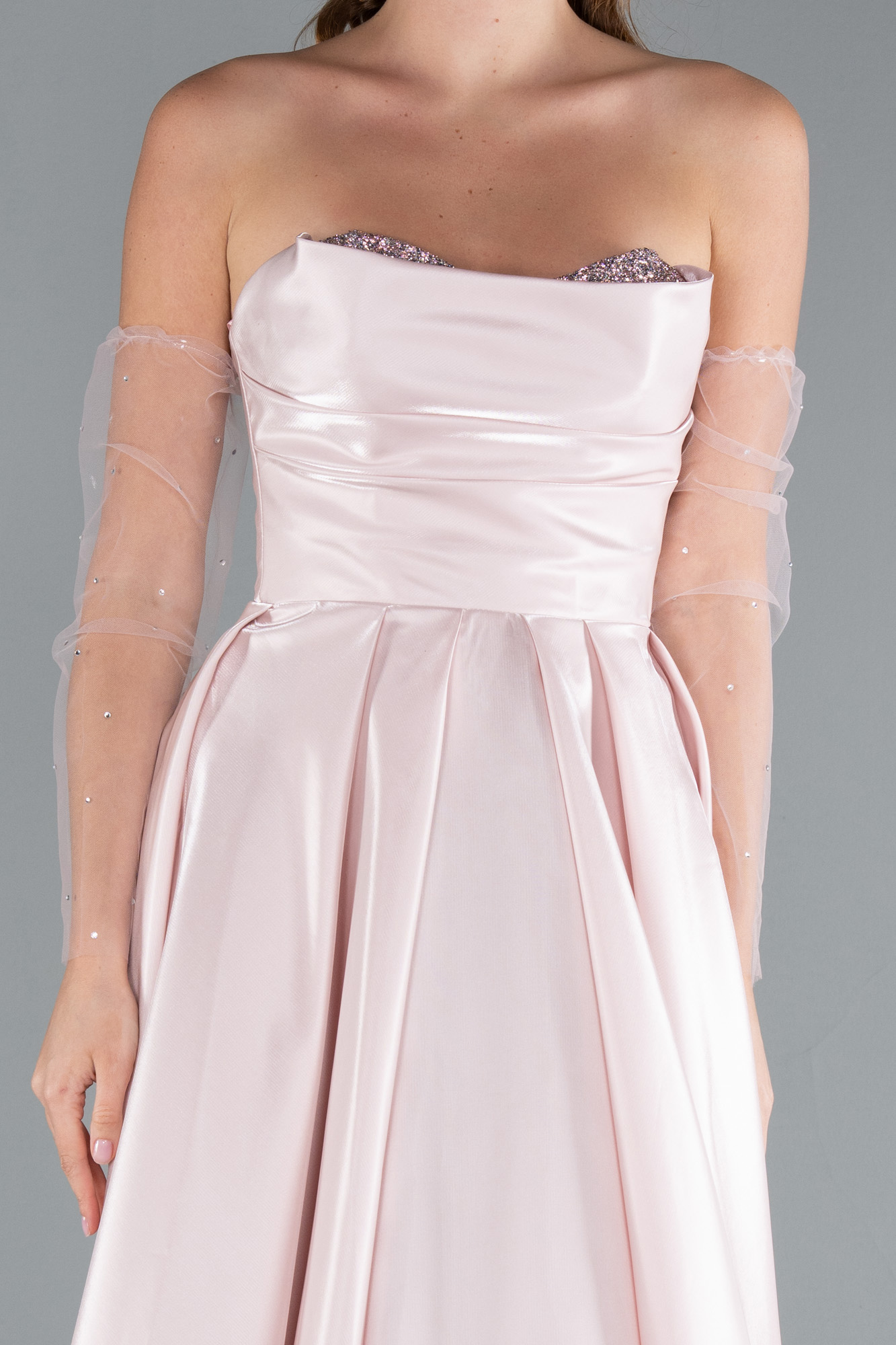 Pudra Taşlı Straplez Kol Aksesuarlı Uzun Tafta Abiye ABU4846 - Görsel 4