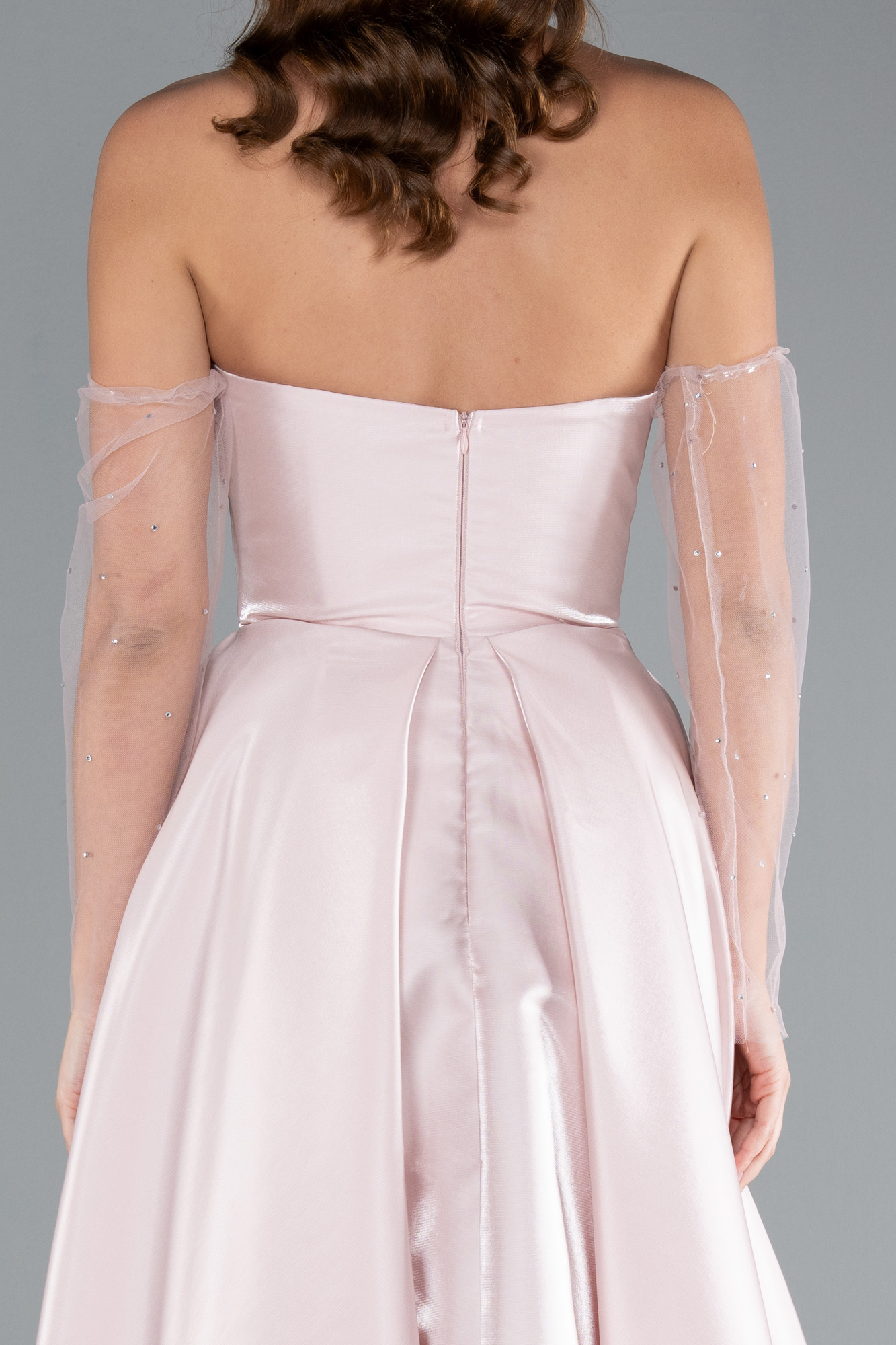 Pudra Taşlı Straplez Kol Aksesuarlı Uzun Tafta Abiye ABU4846 - Görsel 5