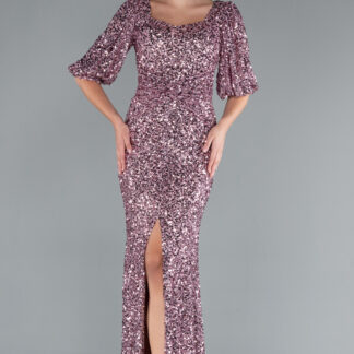 Pudra Kısa Kol Kare Yaka Yırtmaçlı Uzun Pullu Abiye ABU4848