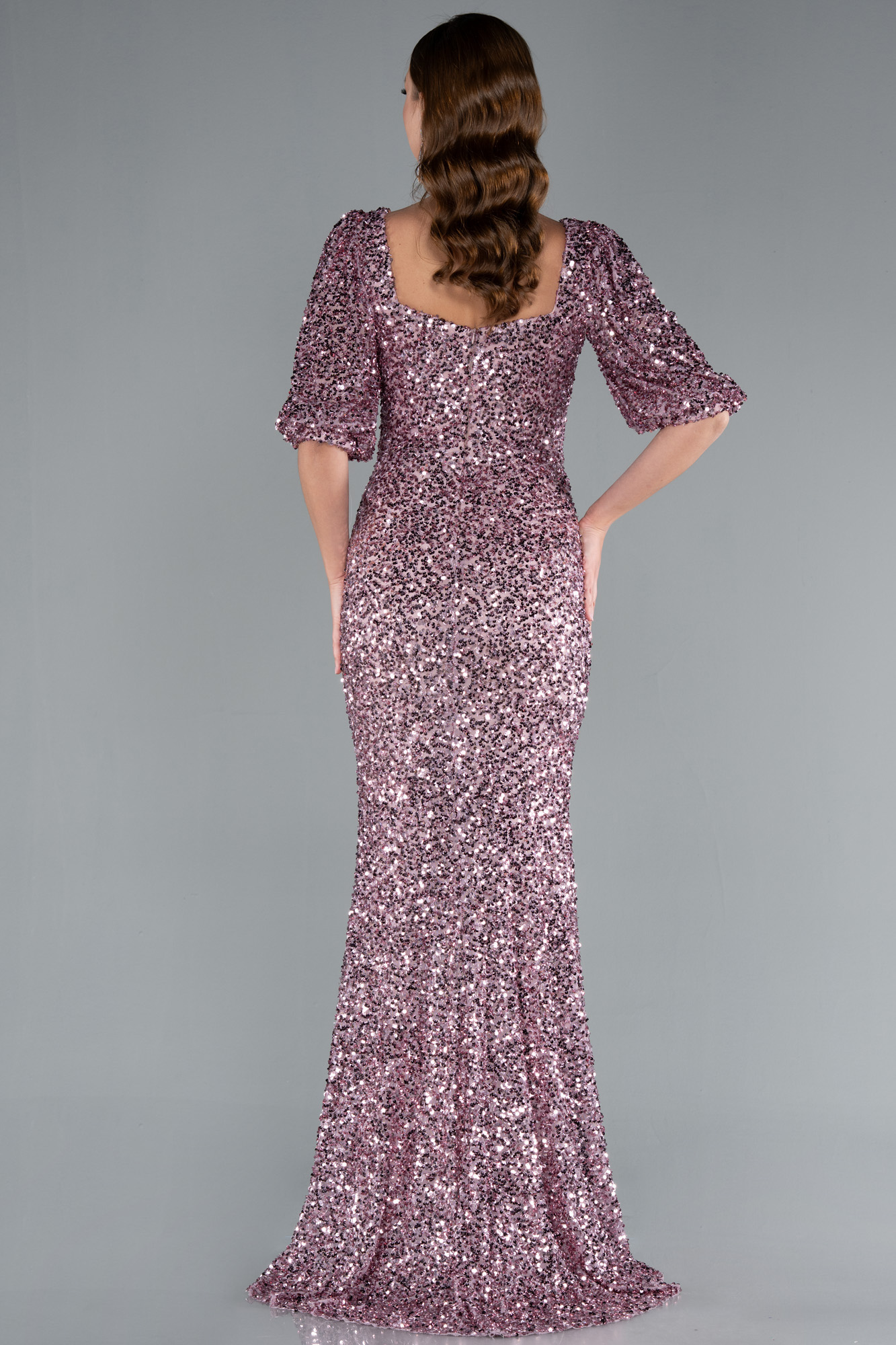 Pudra Kısa Kol Kare Yaka Yırtmaçlı Uzun Pullu Abiye ABU4848 - Görsel 2