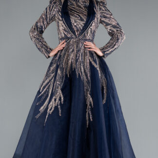 Lacivert Uzun Kol Taşlı Midi Büyük Beden Tesettür Abiye ABK2332