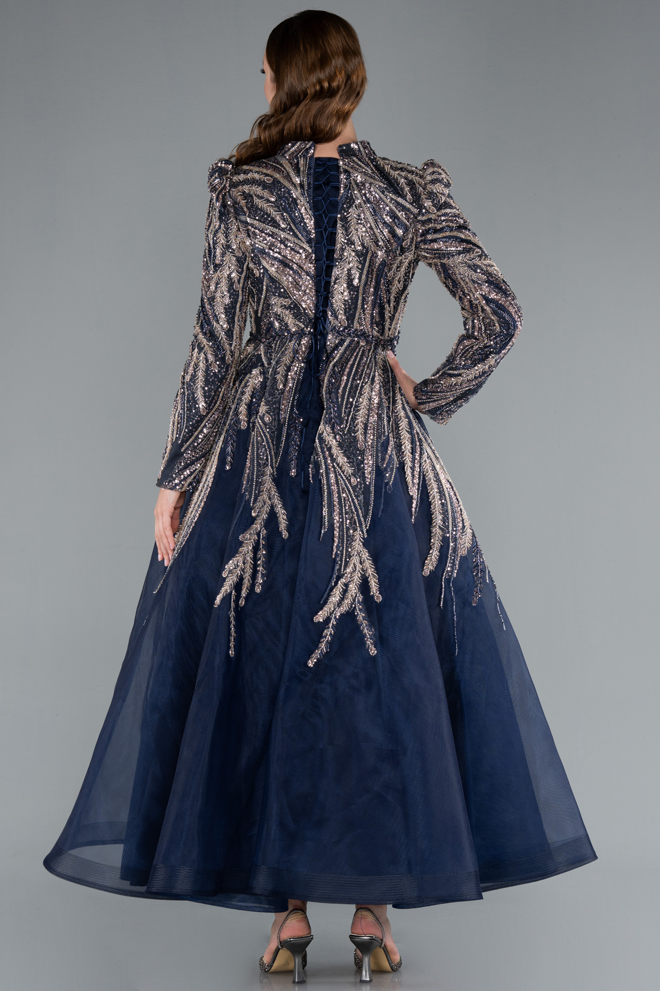 Lacivert Uzun Kol Taşlı Midi Büyük Beden Tesettür Abiye ABK2332 - Görsel 2