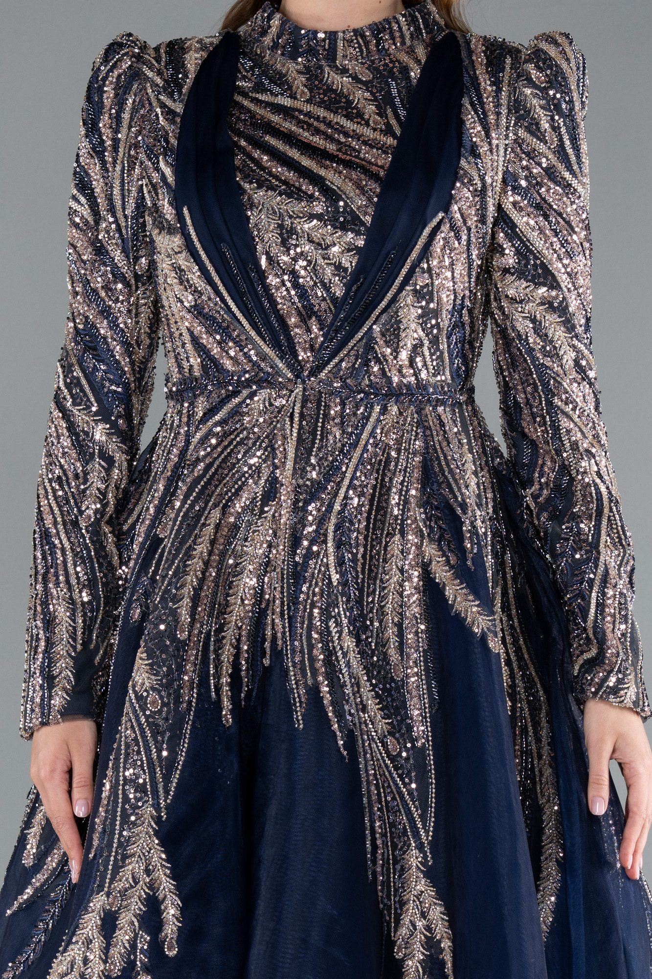 Lacivert Uzun Kol Taşlı Midi Büyük Beden Tesettür Abiye ABK2332 - Görsel 3