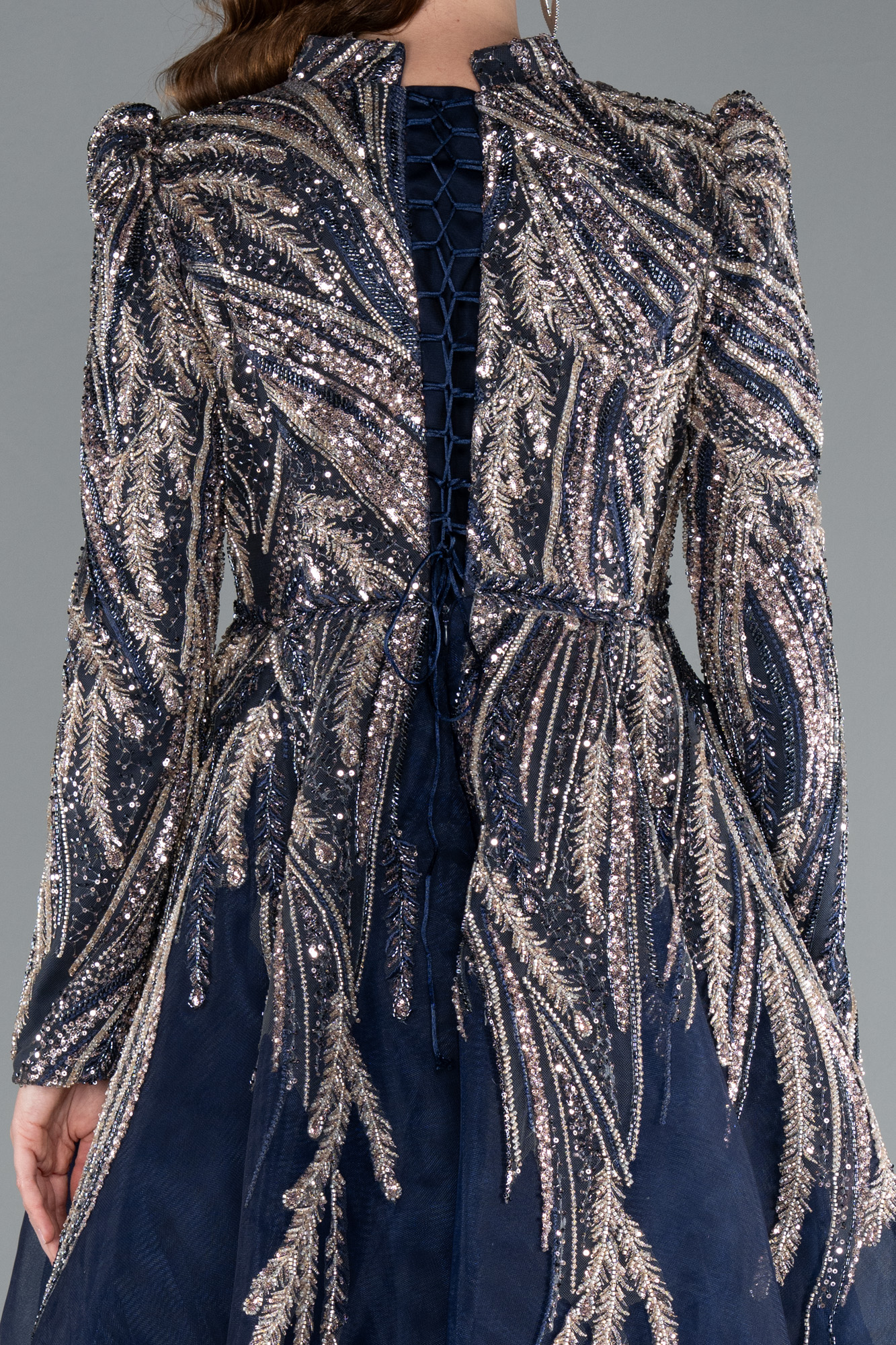 Lacivert Uzun Kol Taşlı Midi Büyük Beden Tesettür Abiye ABK2332 - Görsel 4