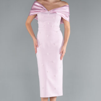 Pudra Kayık Yaka Taş Detaylı Midi Davet Elbisesi ABK2279