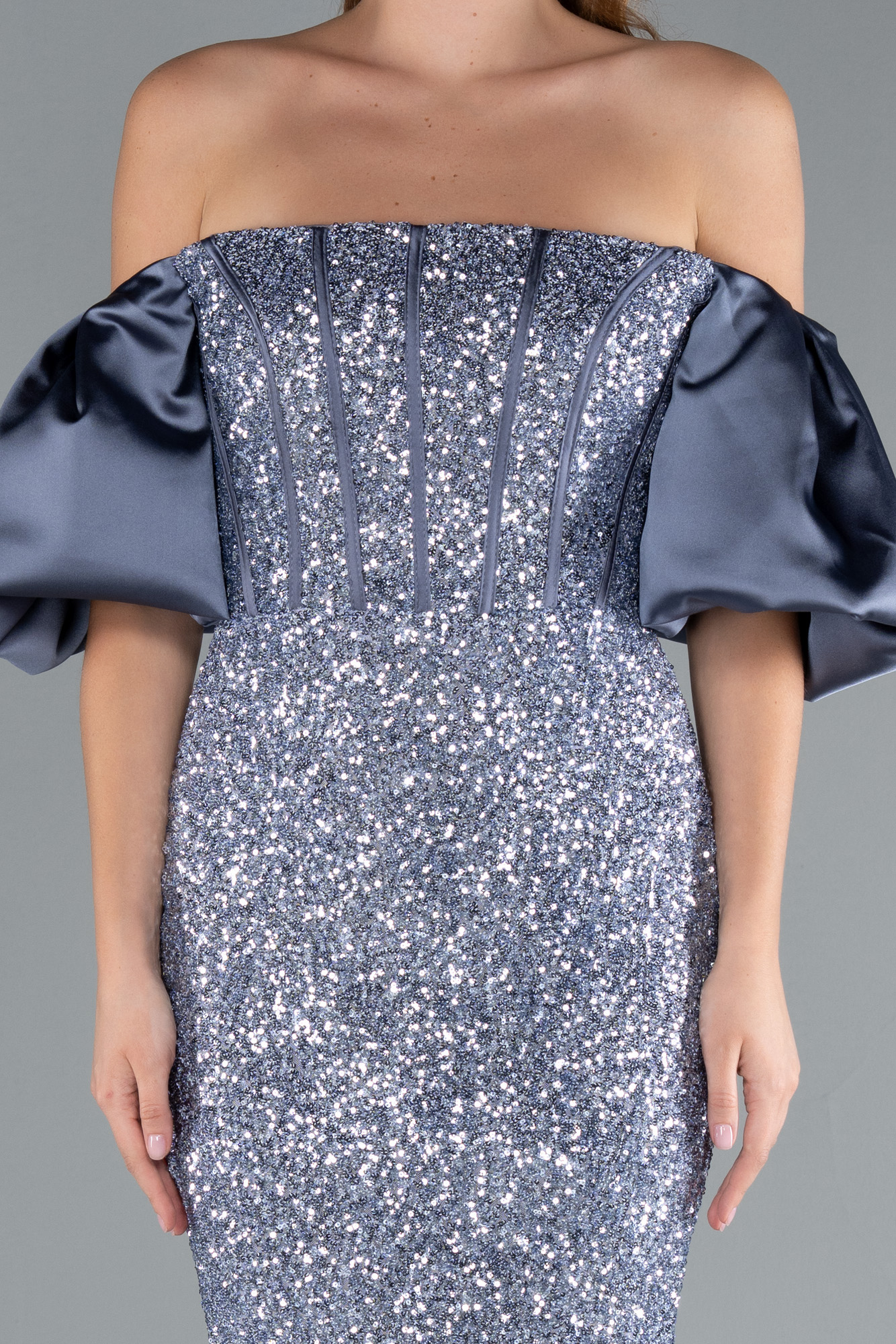 Gri-İndigo Straplez Uzun Pul Payet Balık Abiye ABU4308 - Görsel 3