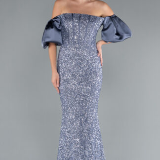 Gri-İndigo Straplez Uzun Pul Payet Balık Abiye ABU4308