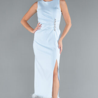 Buz Mavisi Kolsuz Yırtmaçlı Midi Davet Elbisesi ABK2169