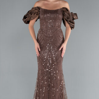 Kahve Kısa Kol Boncuklu Uzun Taşlı Balık Abiye Elbise ABU4509