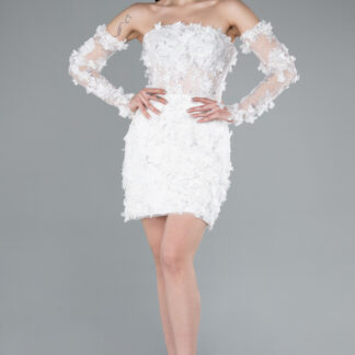 Ekru Straplez Üç Boyutlu Kısa Büyük Beden Gelinlik ABG129