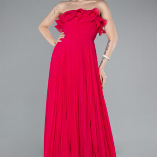 Fuşya Straplez Piliseli Uzun Şifon Mezuniyet Elbisesi ABU4866