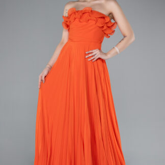 Orange Straplez Piliseli Uzun Şifon Mezuniyet Elbisesi ABU4866