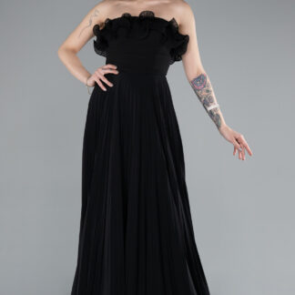 Siyah Straplez Piliseli Uzun Şifon Mezuniyet Elbisesi ABU4866