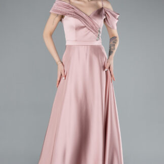 Pudra Omuz Dekolte Zarif Taş İşlemeli Uzun Saten Abiye ABU4868