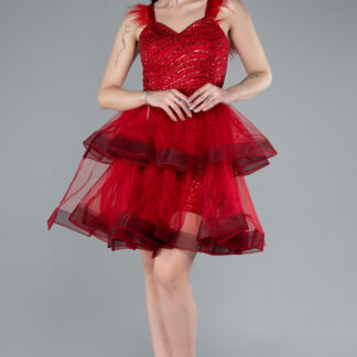 Kırmızı Otriş Askılı Simli Eteği Kat Kat Kısa Abiye ABK2325