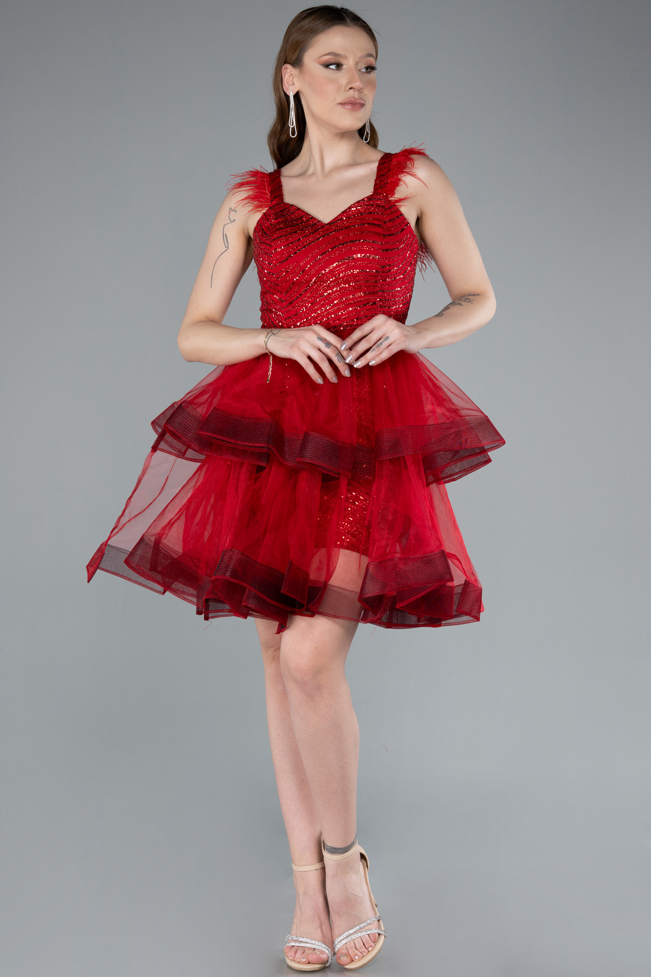 Kırmızı Otriş Askılı Simli Eteği Kat Kat Kısa Abiye ABK2325