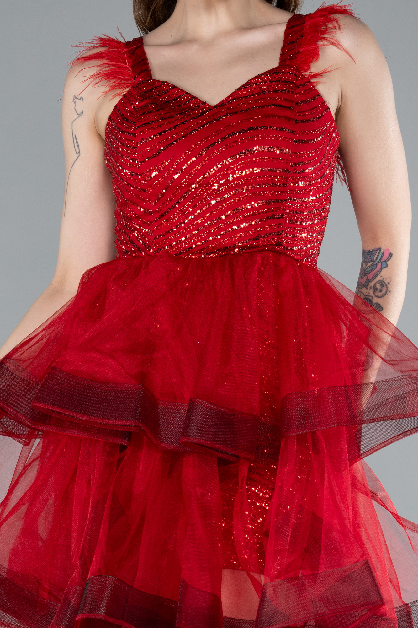 Kırmızı Otriş Askılı Simli Eteği Kat Kat Kısa Abiye ABK2325 - Görsel 3