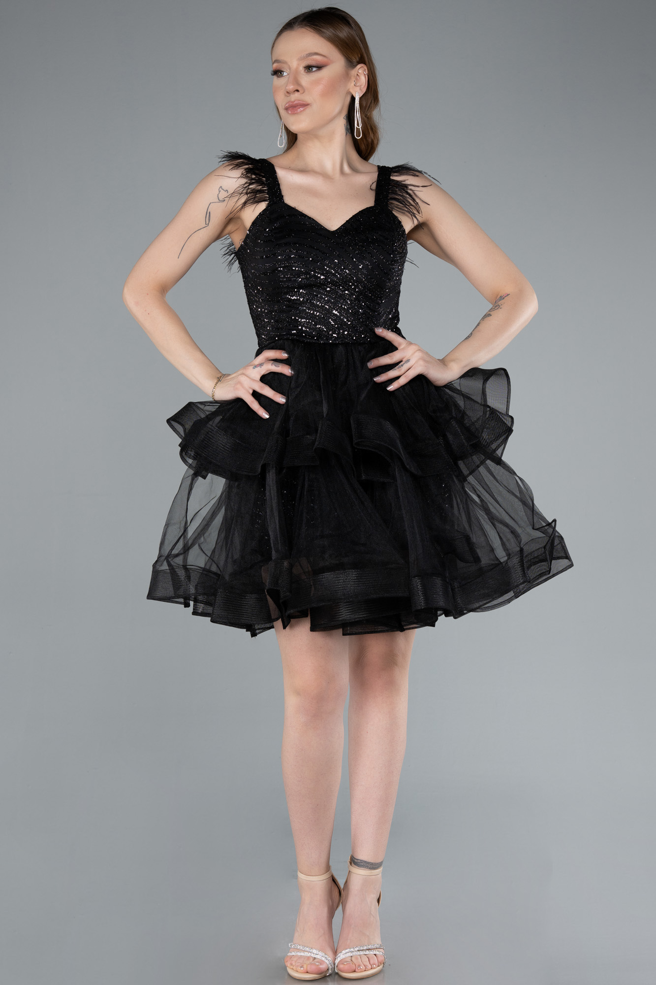 Kırmızı Otriş Askılı Simli Eteği Kat Kat Kısa Abiye ABK2325 - Görsel 5