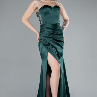 Zümrüt Yeşili Taş Askılı Yırtmaçlı Uzun Saten Abiye ABU3198