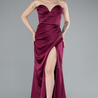 Vişne Straplez Bacak Dekolteli Uzun Saten Abiye ABU4663