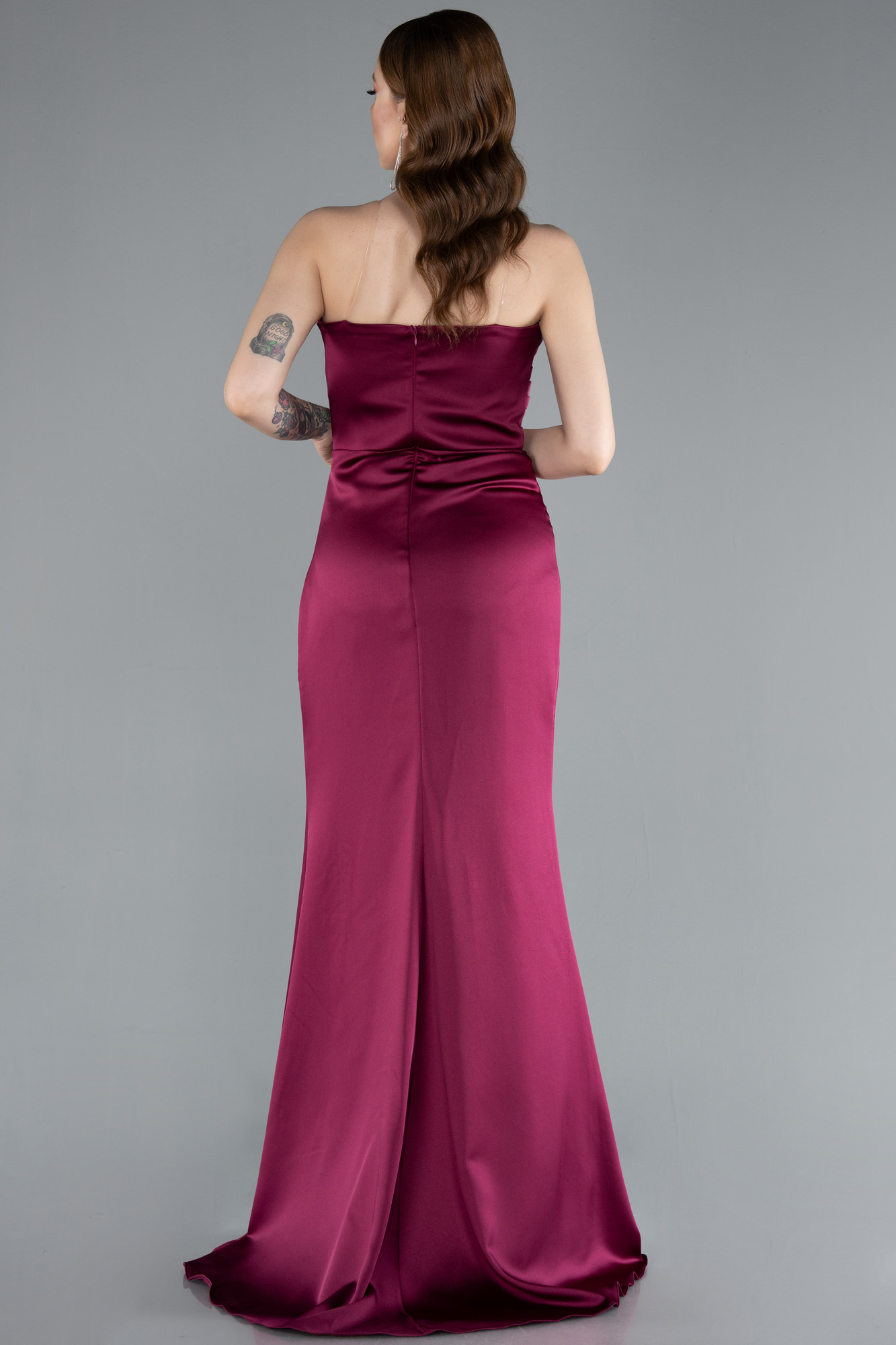 Vişne Straplez Bacak Dekolteli Uzun Saten Abiye ABU4663 - Görsel 2