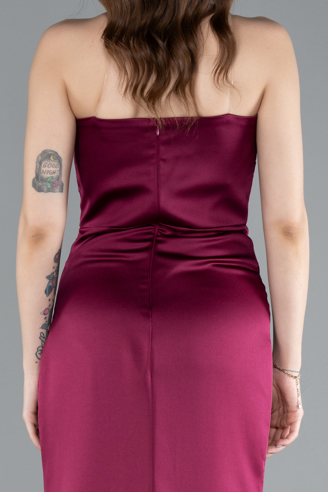 Vişne Straplez Bacak Dekolteli Uzun Saten Abiye ABU4663 - Görsel 4