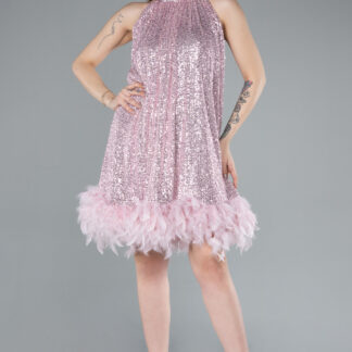 Pudra Halter Yaka Eteği Otrişli Kısa Pul Payet Abiye ABK2348