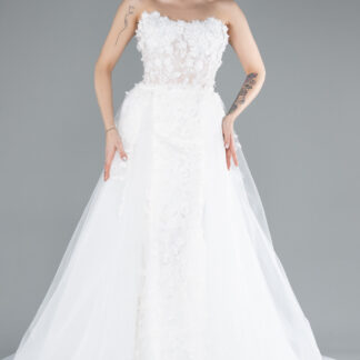 Ekru Straplez Çiçekli Kuyruklu Uzun Büyük Beden Gelinlik ABG128