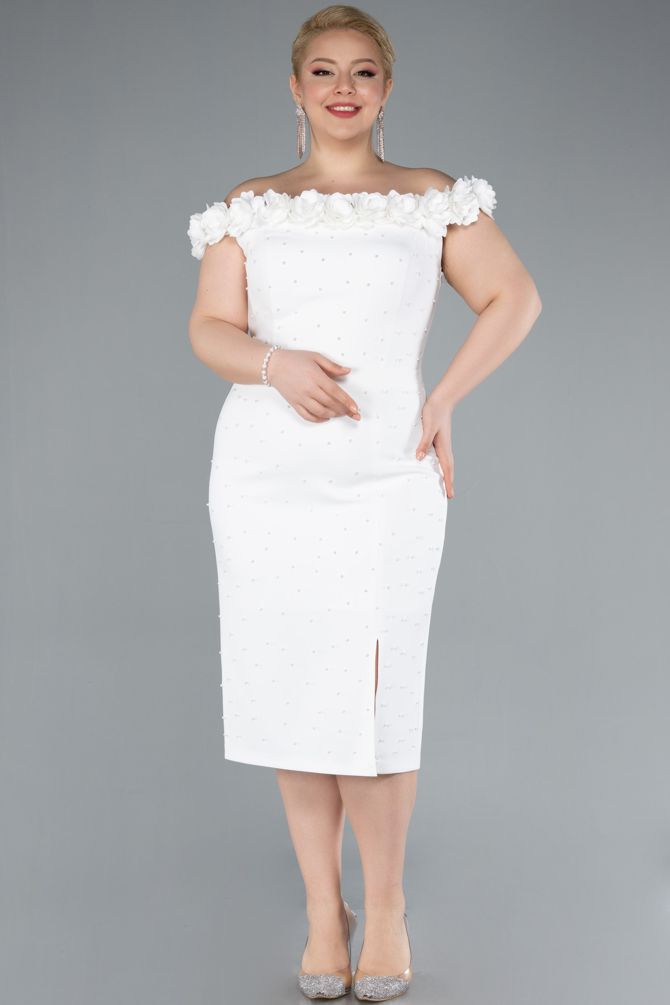 Siyah Çiçekli Kayık Yaka Midi Büyük Beden Davet Elbisesi ABK2318 - Görsel 5