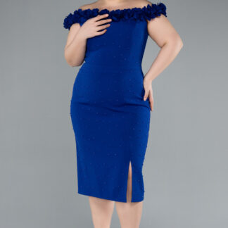 Saks Mavi Kayık Yaka Midi Büyük Beden Davet Elbisesi ABK2318