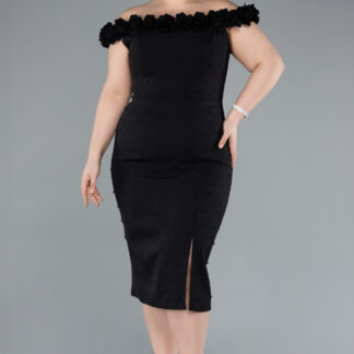 Siyah Çiçekli Kayık Yaka Midi Büyük Beden Davet Elbisesi ABK2318