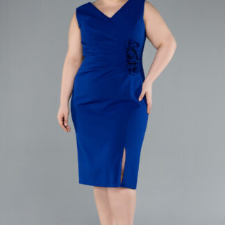 Saks Mavi Kolsuz V Yaka Midi Büyük Beden Abiye ABK2320