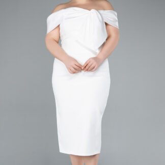 Ekru Saten Kayık Yaka Midi Büyük Beden Davet Elbisesi ABK2321