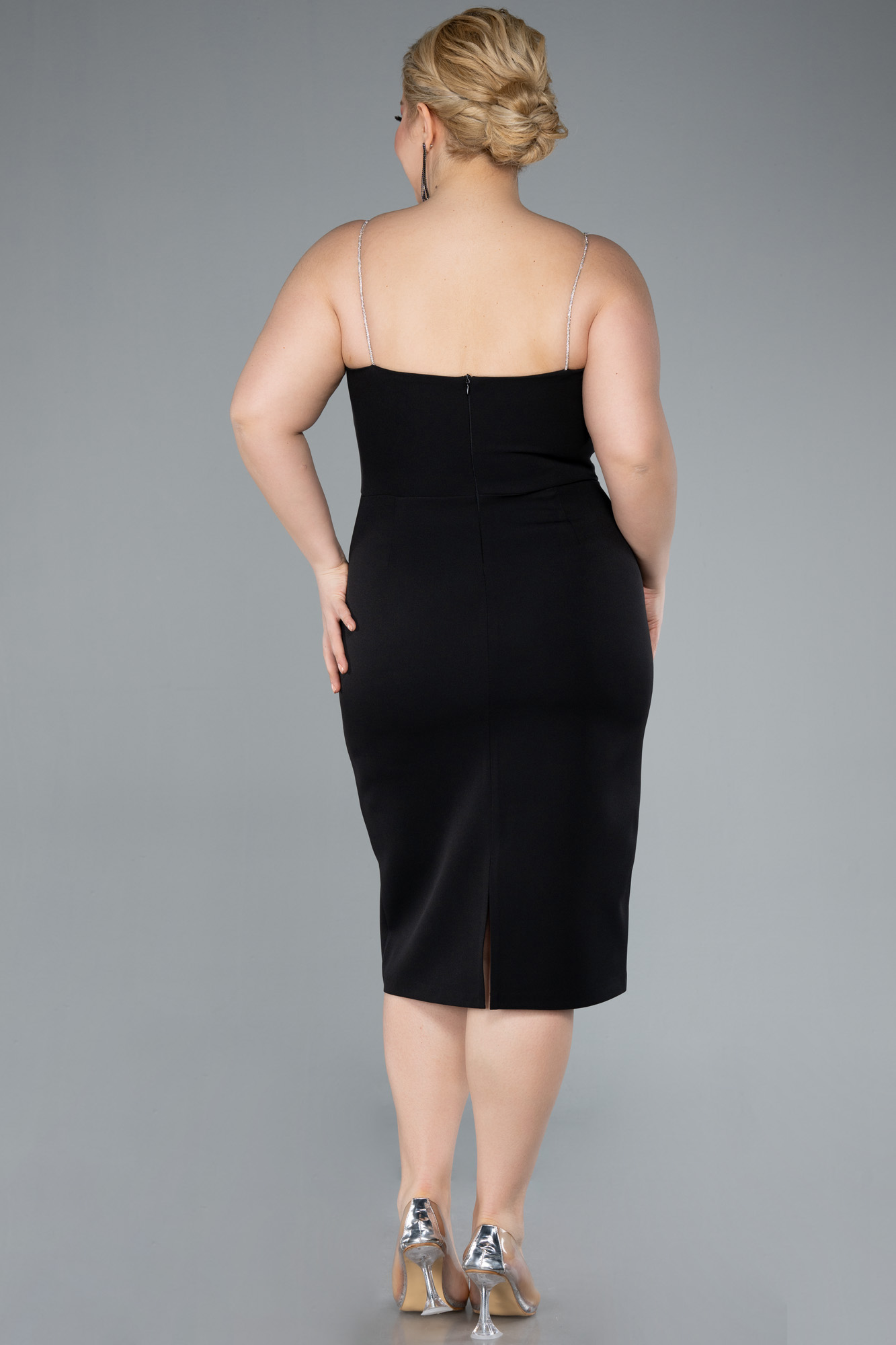 Siyah Askılı Midi Büyük Beden Davet Elbisesi ABK2322 - Görsel 2