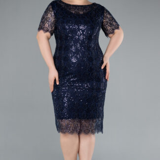 Lacivert Kısa Kol Midi Boncuklu Büyük Beden Abiye Elbise ABK2330