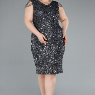 Antrasit Kolları Boncuklu Midi Pullu Büyük Beden Abiye ABK2331