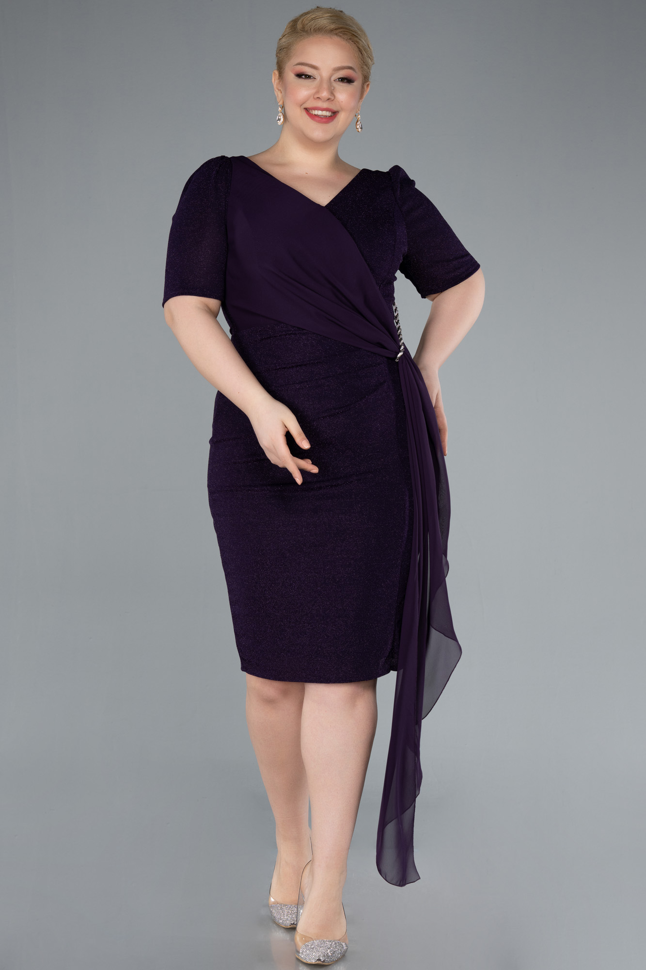 Koyu Mor Kısa Kol Simli Midi Büyük Beden Abiye ABK2303
