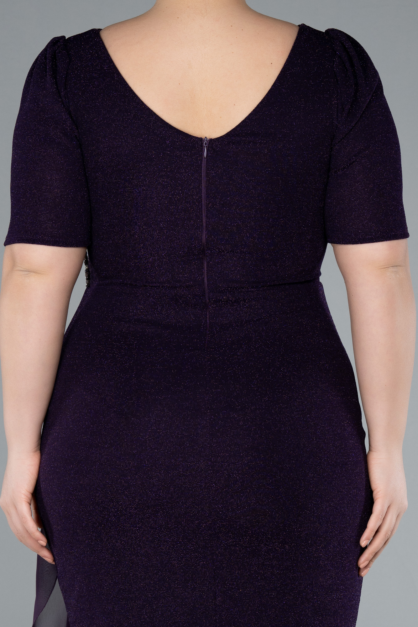 Koyu Mor Kısa Kol Simli Midi Büyük Beden Abiye ABK2303 - Görsel 4