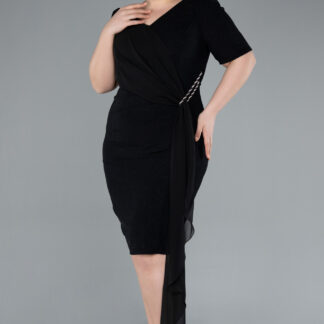 Siyah Kısa Kol Simli Midi Büyük Beden Abiye ABK2303