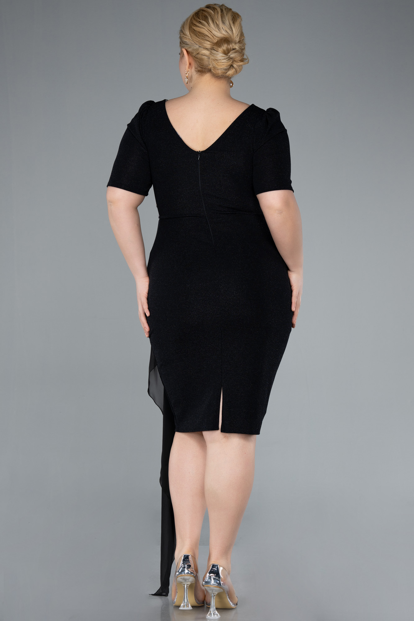 Siyah Kısa Kol Simli Midi Büyük Beden Abiye ABK2303 - Görsel 2