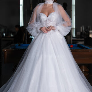 Ekru Uzun Kol Tül Bolerolu Üstü Taşlı Prenses Gelinlik ABG124