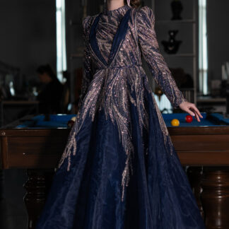 Lacivert Uzun Kol Taşlı Midi Tesettür Abiye Elbise ABK2311