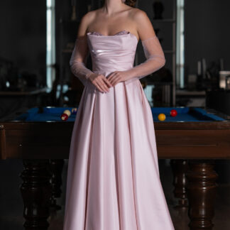 Pudra Taşlı Straplez Kol Aksesuarlı Uzun Tafta Abiye ABU4846