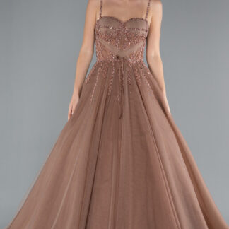 Bakır Üstü Taş İşlemeli Uzun Özel Tasarım Nişan Elbisesi ABU4485