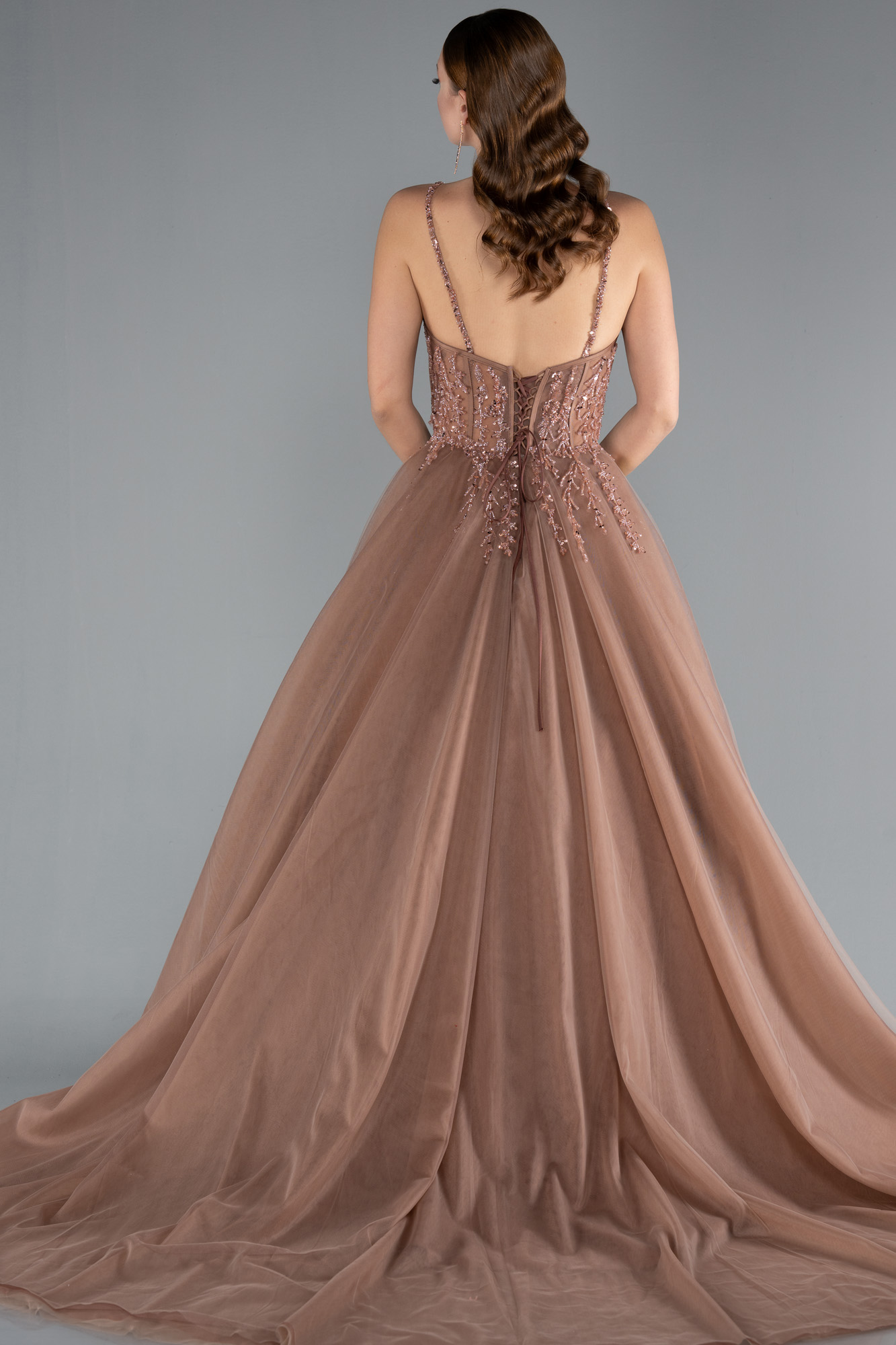 Bakır Üstü Taş İşlemeli Uzun Özel Tasarım Nişan Elbisesi ABU4485 - Görsel 2