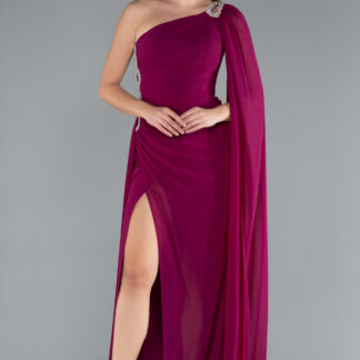 Mürdüm Şallı Tek Omuz Yırtmaçlı Uzun Şifon Abiye ABU4406