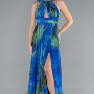 Saks-Yeşil Yırtmaçlı Empirme Uzun Mezuniyet Elbisesi ABU4901