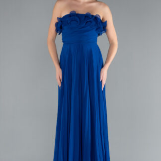 Saks Mavi Straplez Uzun Şifon Mezuniyet Elbisesi ABU4866