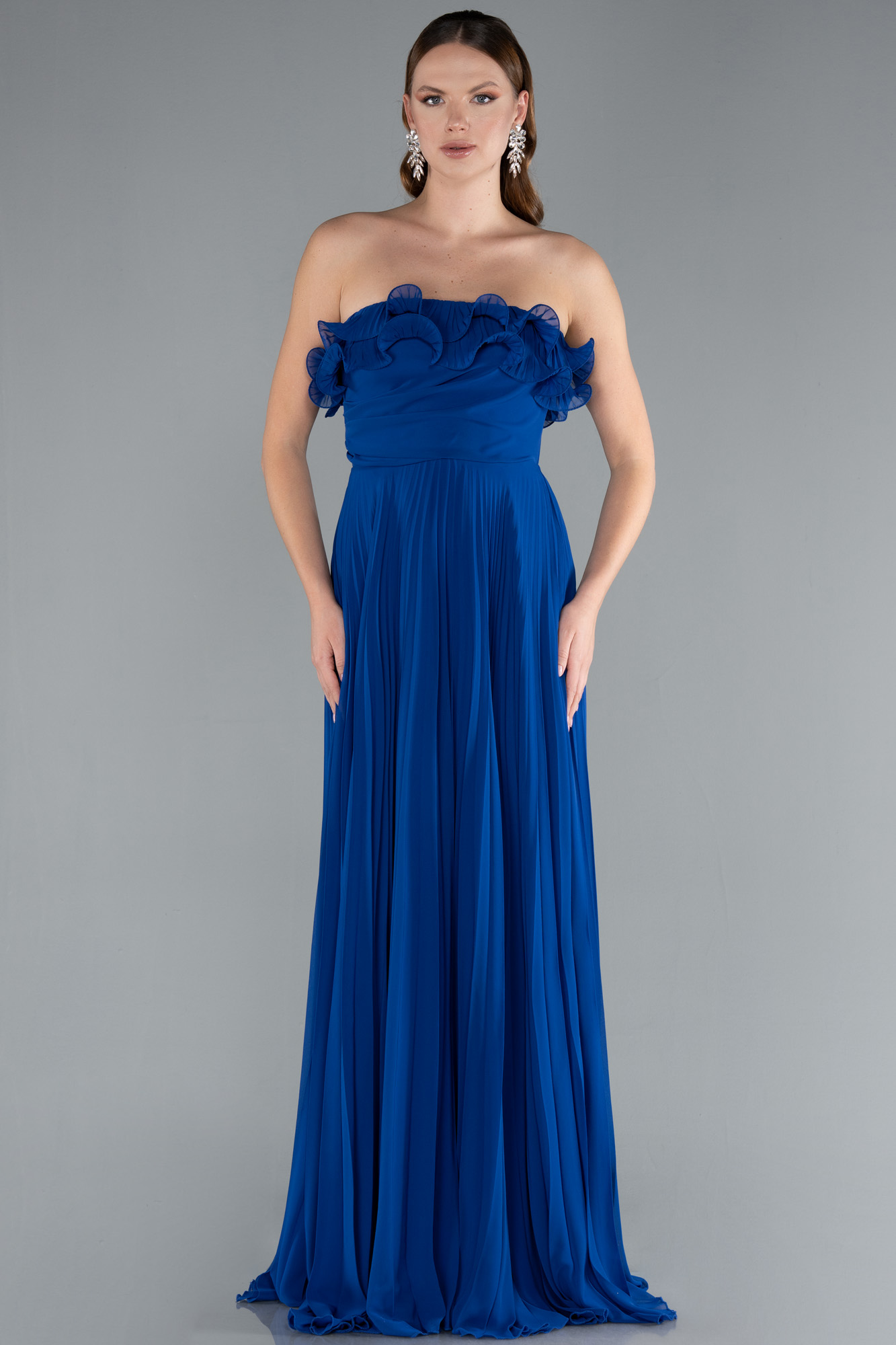 Saks Mavi Straplez Uzun Şifon Mezuniyet Elbisesi ABU4866